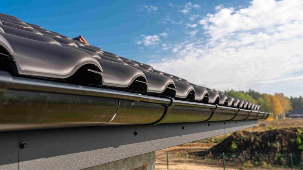 Seamless aluminum gutter system installed on a Florida home roof to manage heavy rainfall and protect the property.
