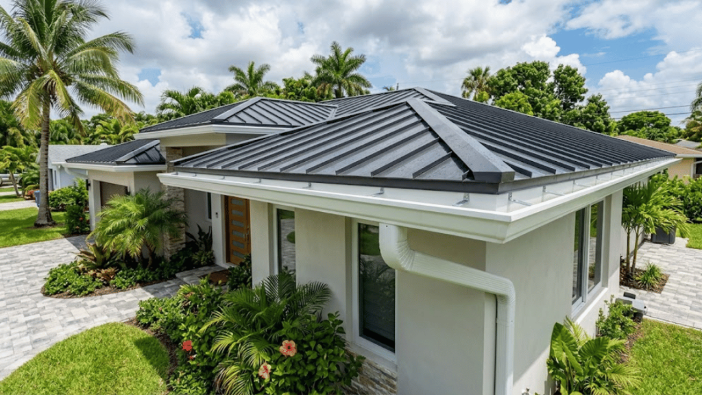 Aerial view of a contemporary South Florida home featuring a charcoal standing seam metal roof with a professionally installed white seamless aluminum rain gutter system and downspouts, surrounded by tropical landscaping.